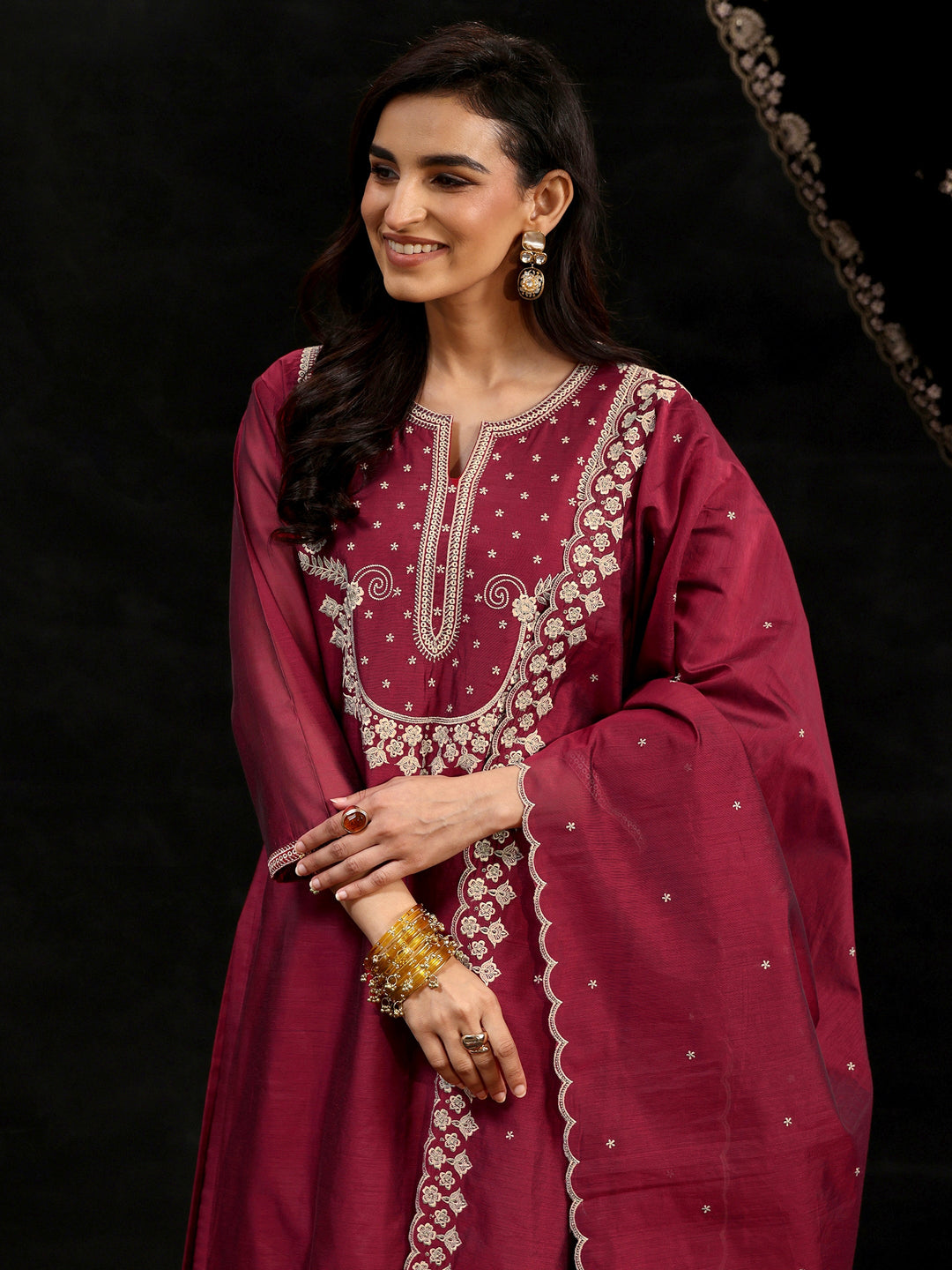  Libas Maroon Red Yoke Embroidered Chanderi Silk Straight Suit Set 