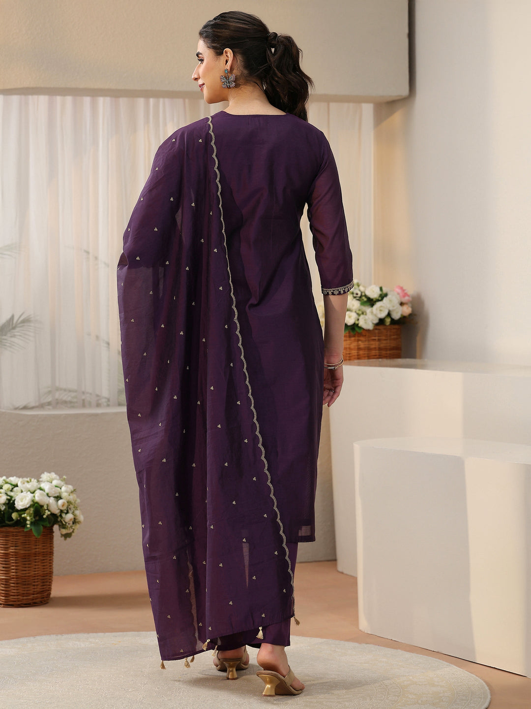  Libas Royal Purple Floral Embellished Chanderi Silk Straight Suit Set 