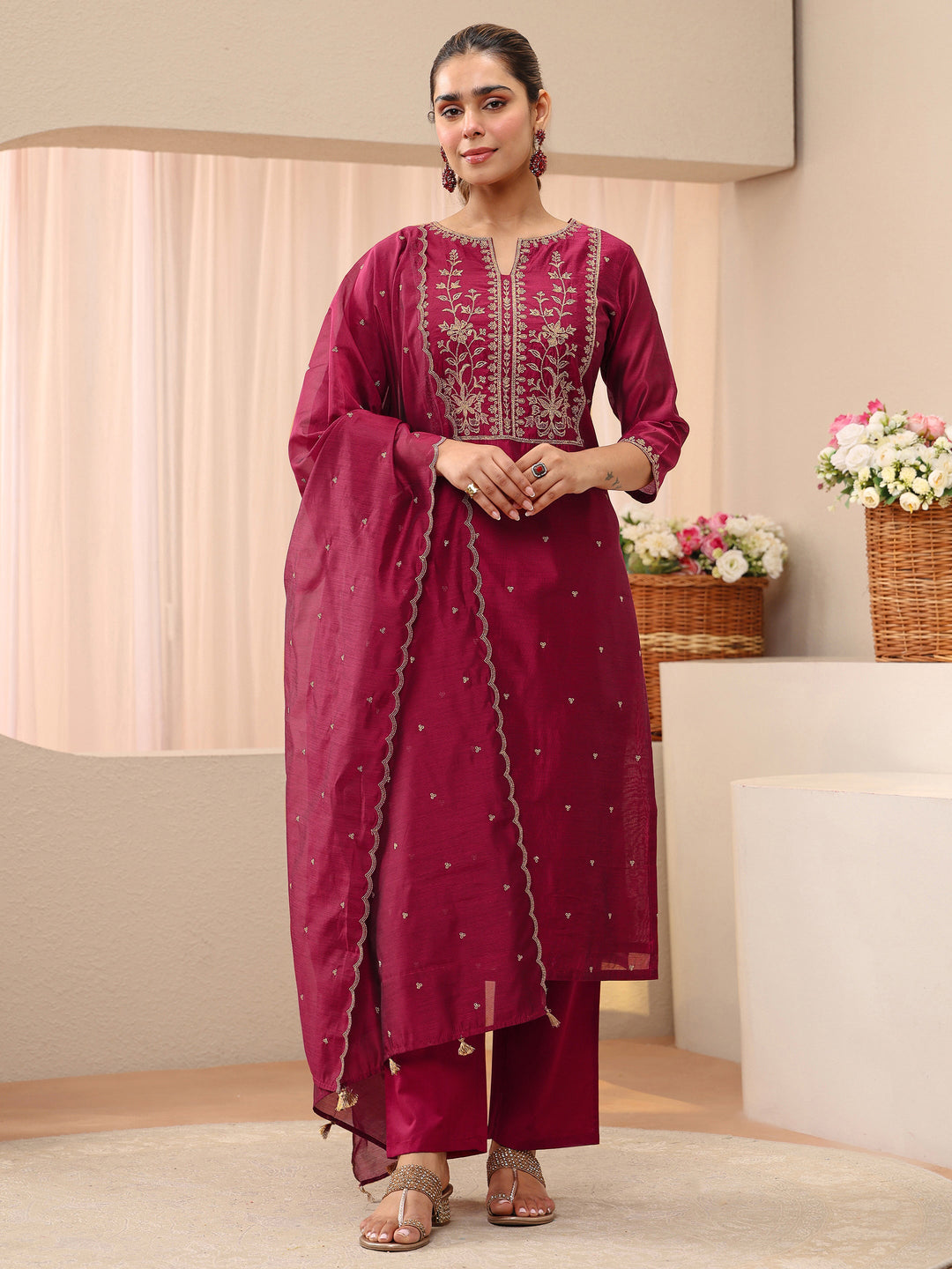  Red Floral Embroidered Chanderi Silk Straight Suit Set 