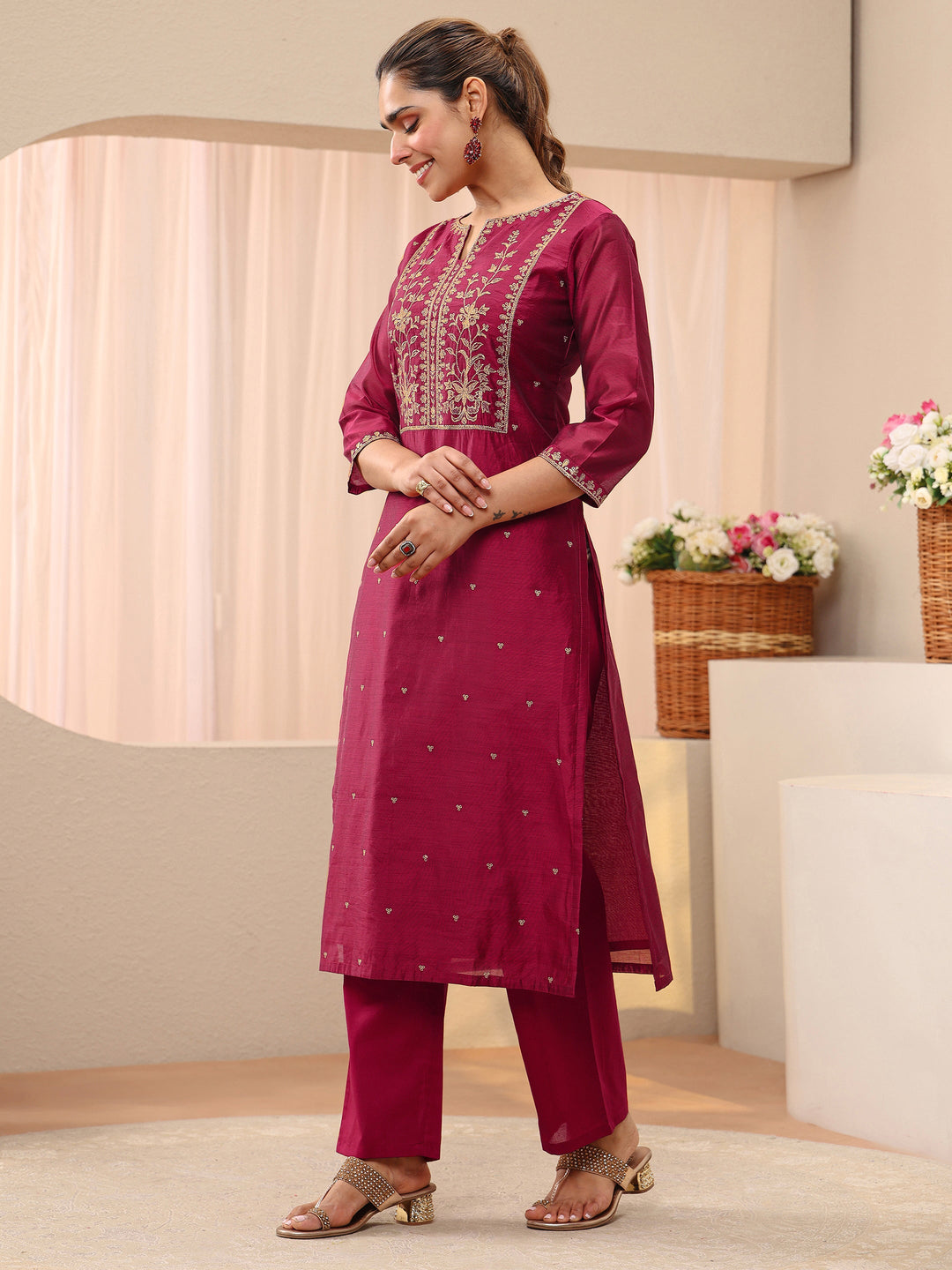 Red Floral Embroidered Chanderi Silk Straight Suit Set 