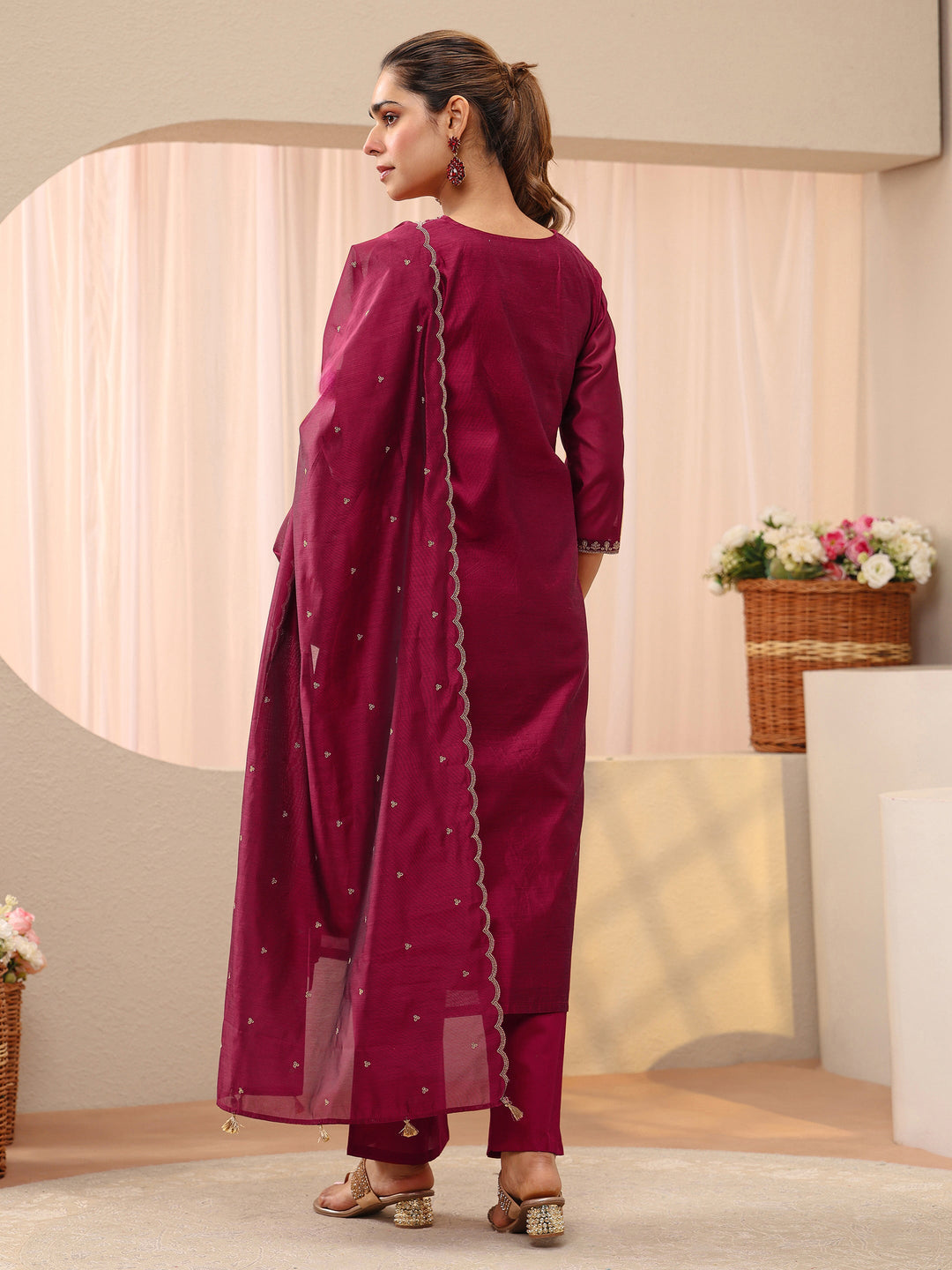  Red Floral Embroidered Chanderi Silk Straight Suit Set 
