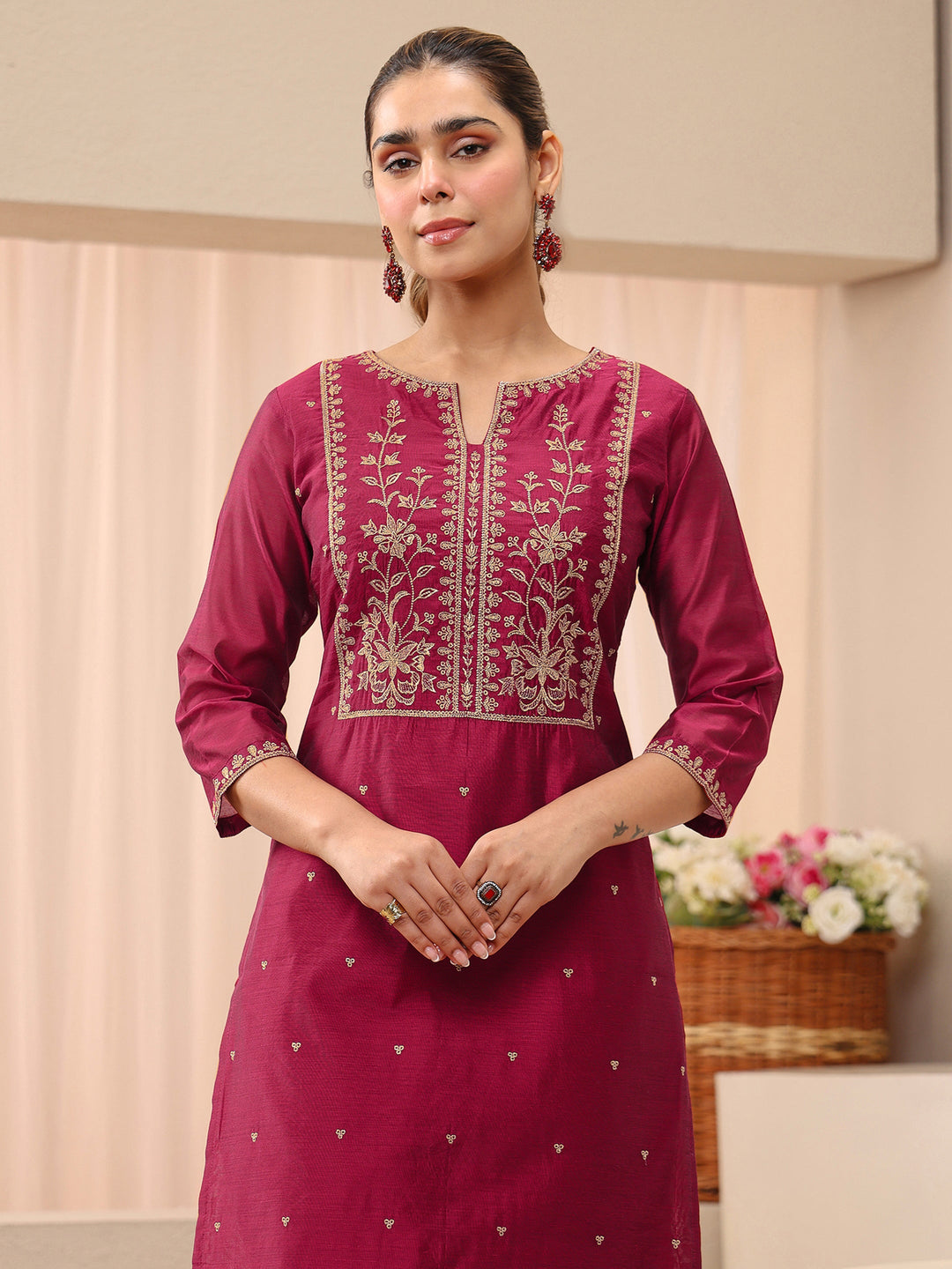  Red Floral Embroidered Chanderi Silk Straight Suit Set 
