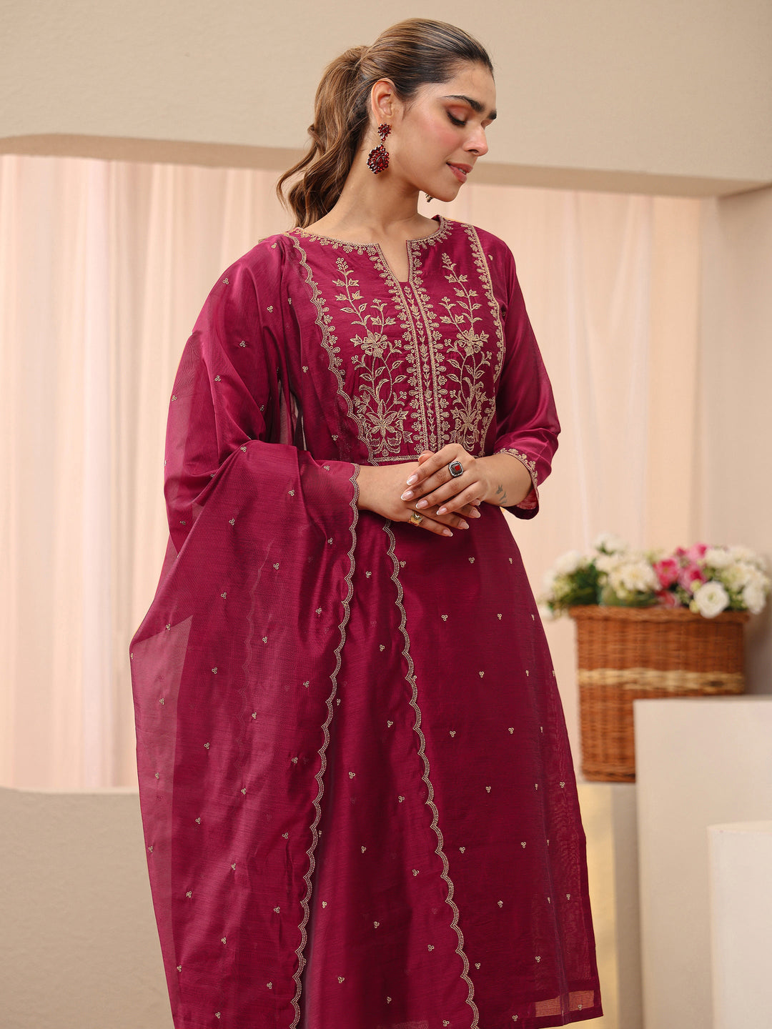  Red Floral Embroidered Chanderi Silk Straight Suit Set 