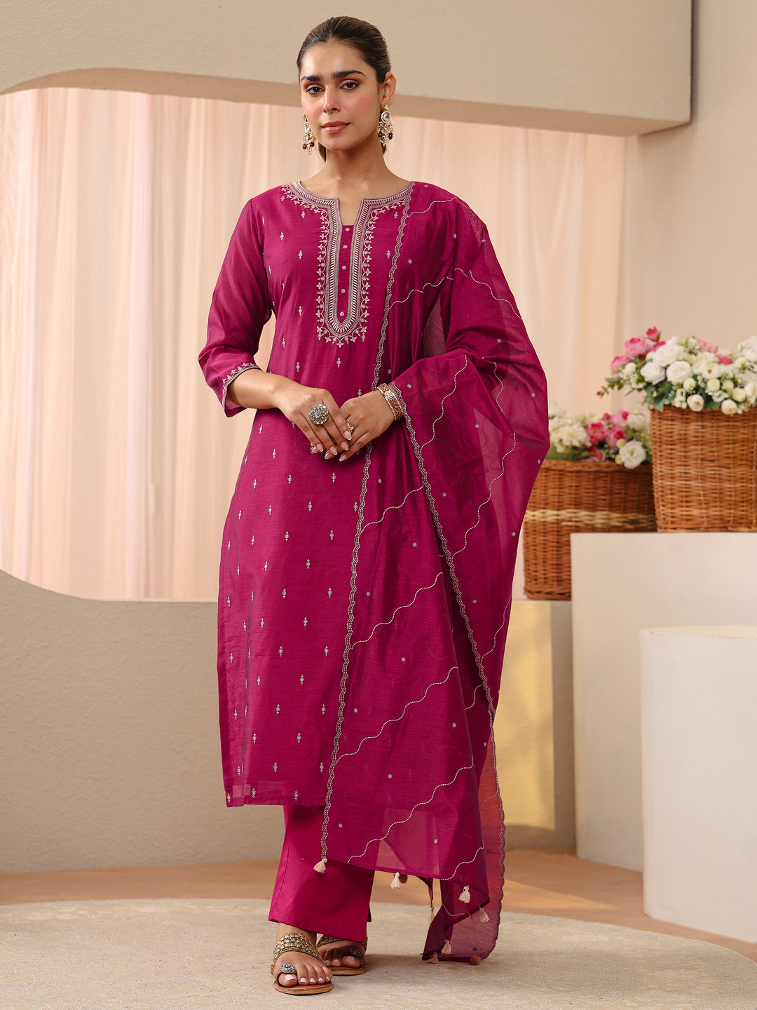  Pink Ethnic Embroidered Chanderi Silk Straight Suit Set 
