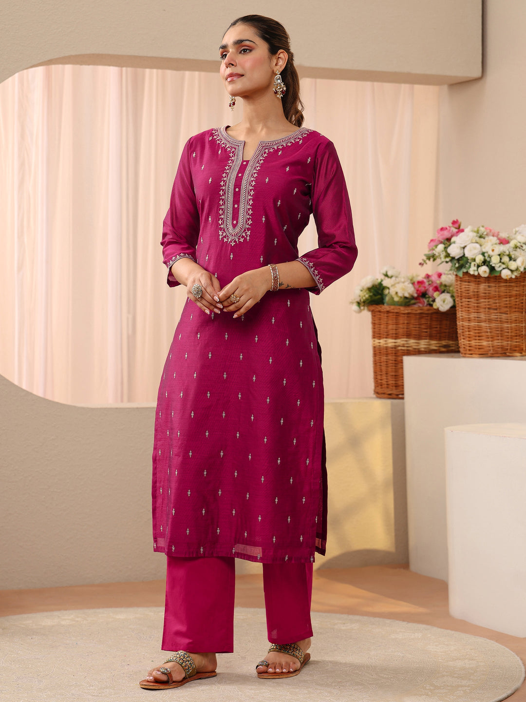  Pink Ethnic Embroidered Chanderi Silk Straight Suit Set 