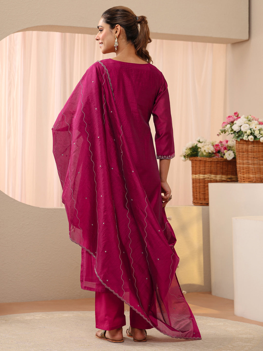 Pink Ethnic Embroidered Chanderi Silk Straight Suit Set 
