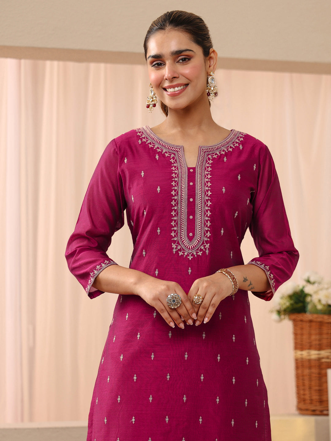  Pink Ethnic Embroidered Chanderi Silk Straight Suit Set 