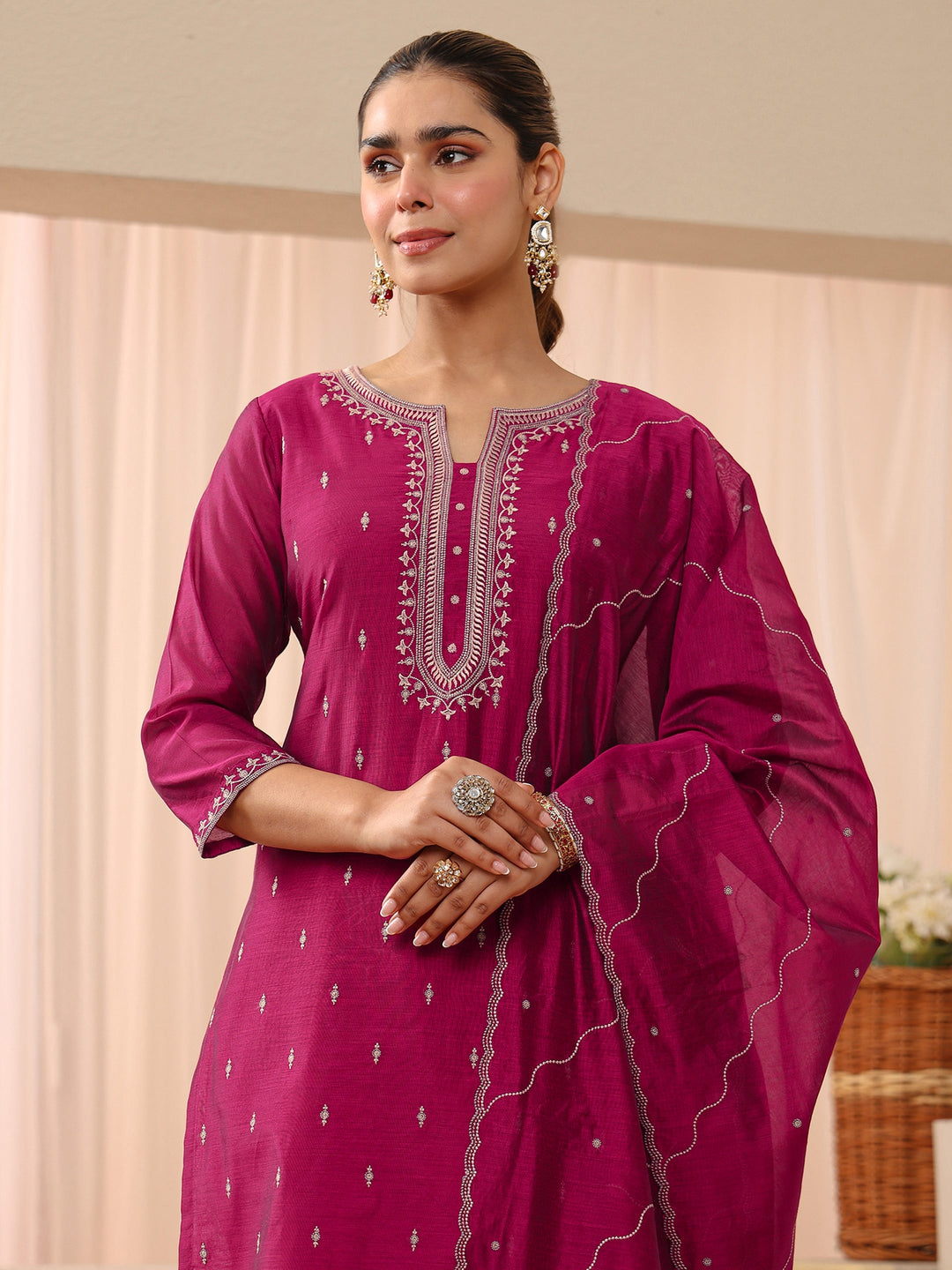  Pink Ethnic Embroidered Chanderi Silk Straight Suit Set 