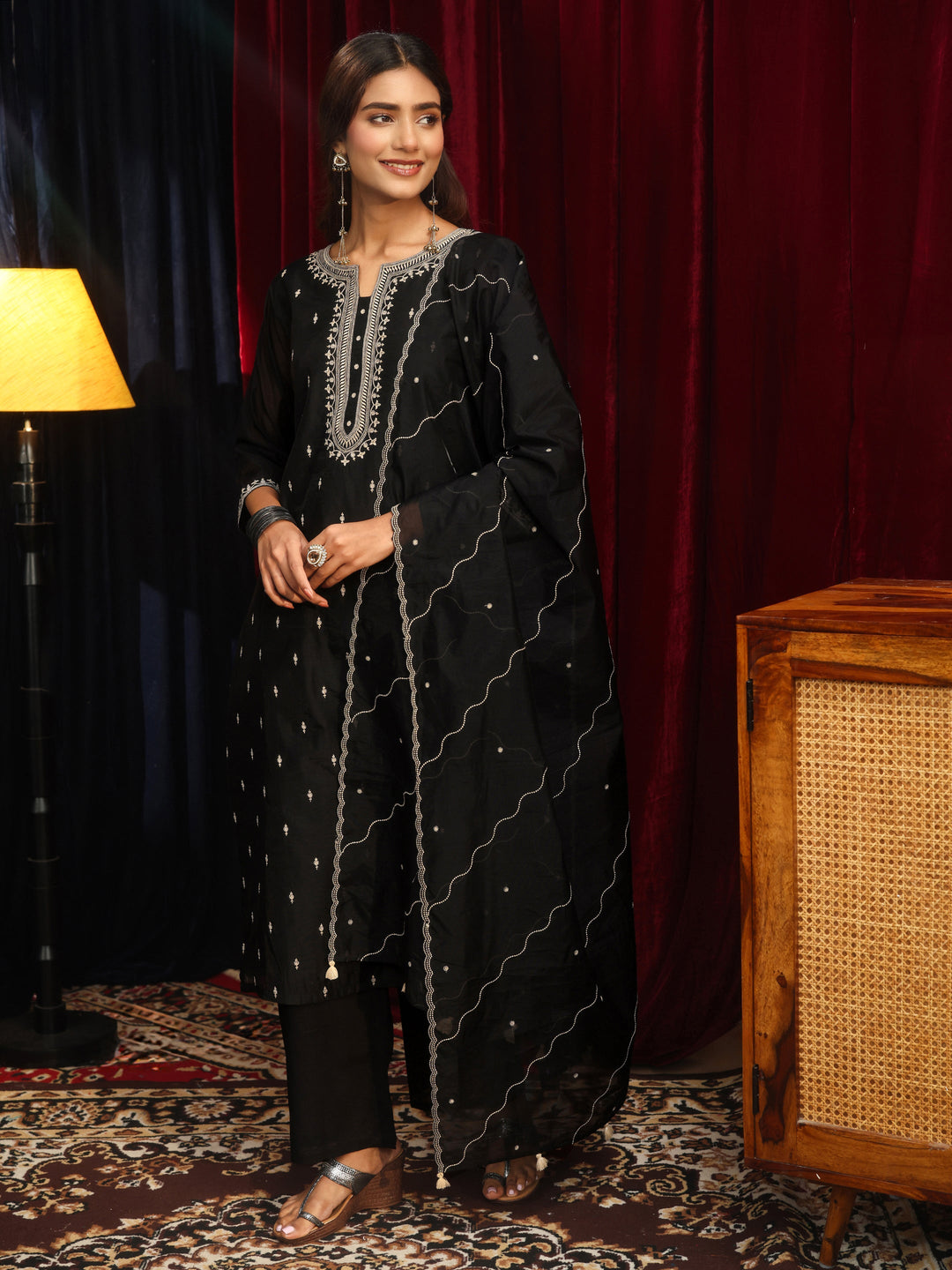  Black Ethnic Embroidered Chanderi Silk Straight Suit Set 