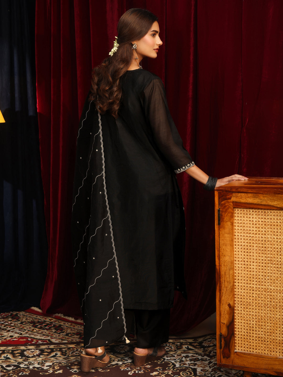  Black Ethnic Embroidered Chanderi Silk Straight Suit Set 