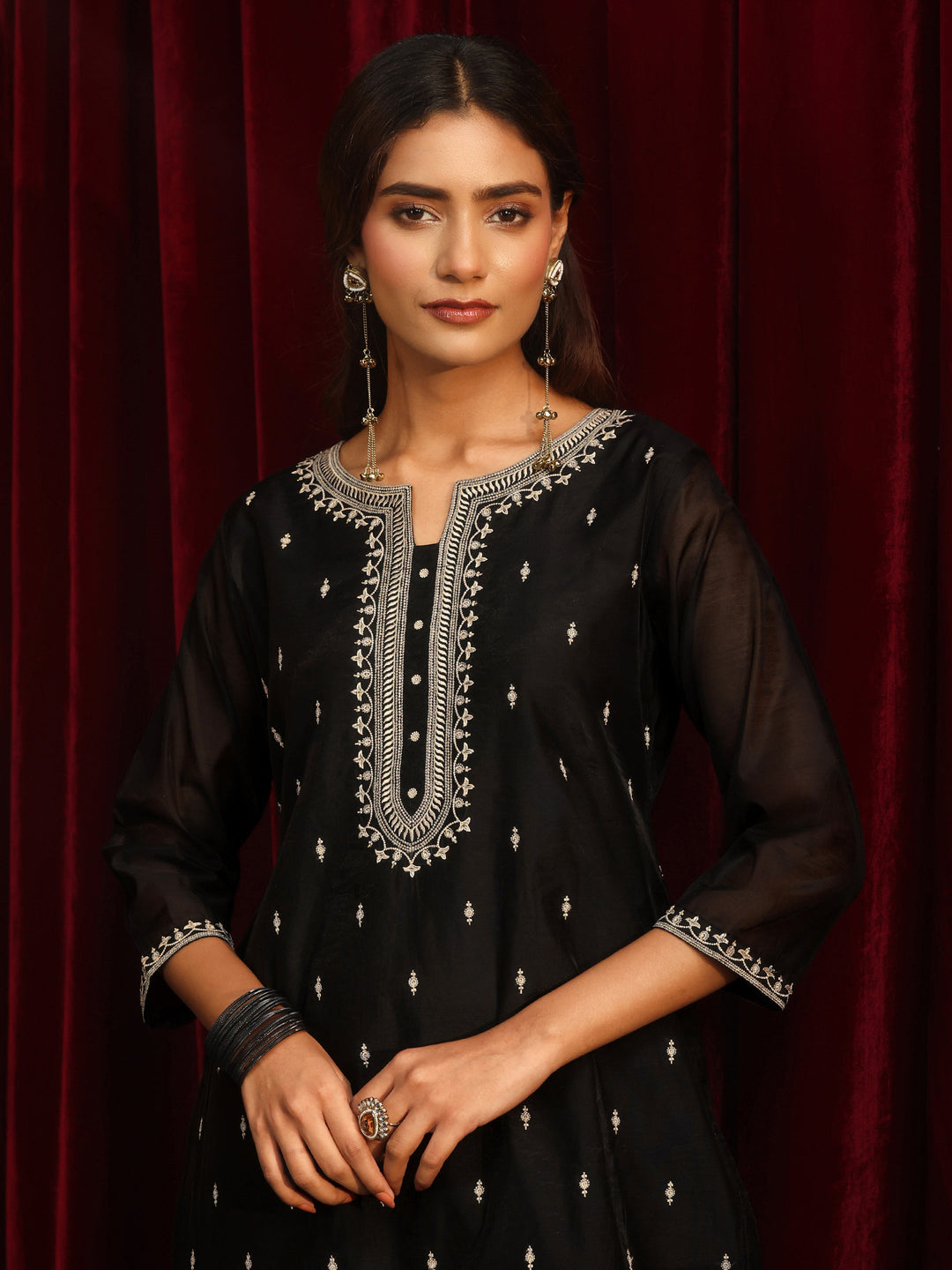  Black Ethnic Embroidered Chanderi Silk Straight Suit Set 