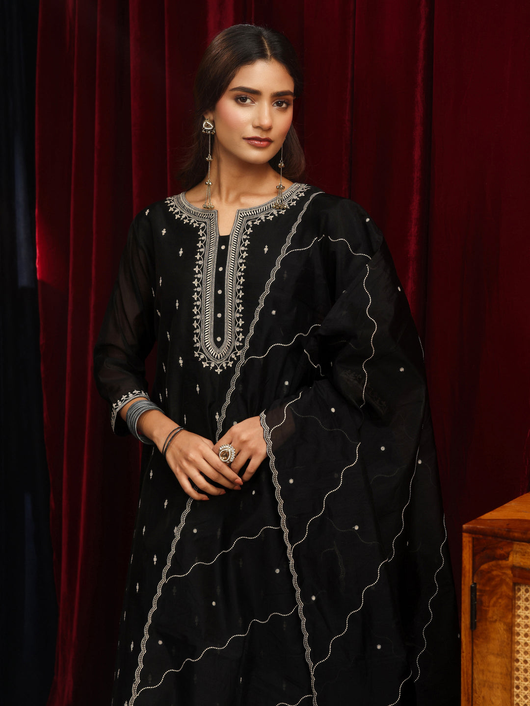  Black Ethnic Embroidered Chanderi Silk Straight Suit Set 