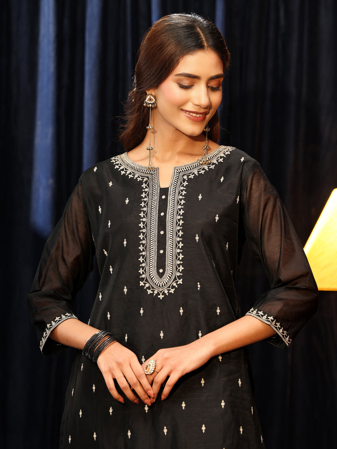  Black Ethnic Embroidered Chanderi Silk Straight Suit Set 