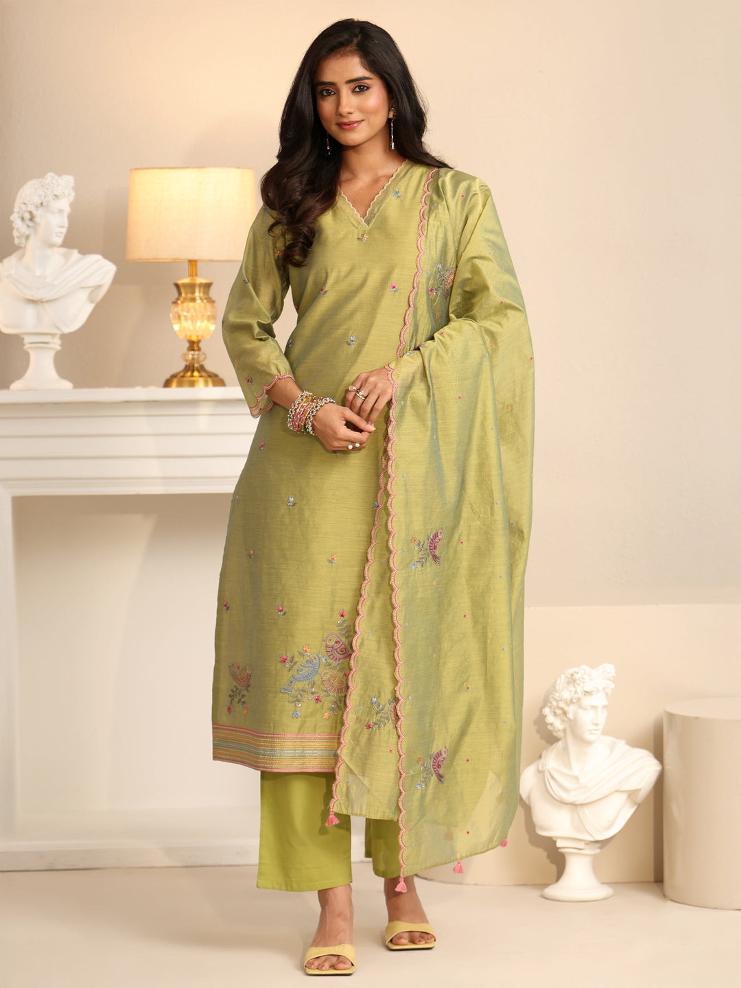  Libas Fern Green Bird Embroidered Chanderi Silk Straight Suit Set 