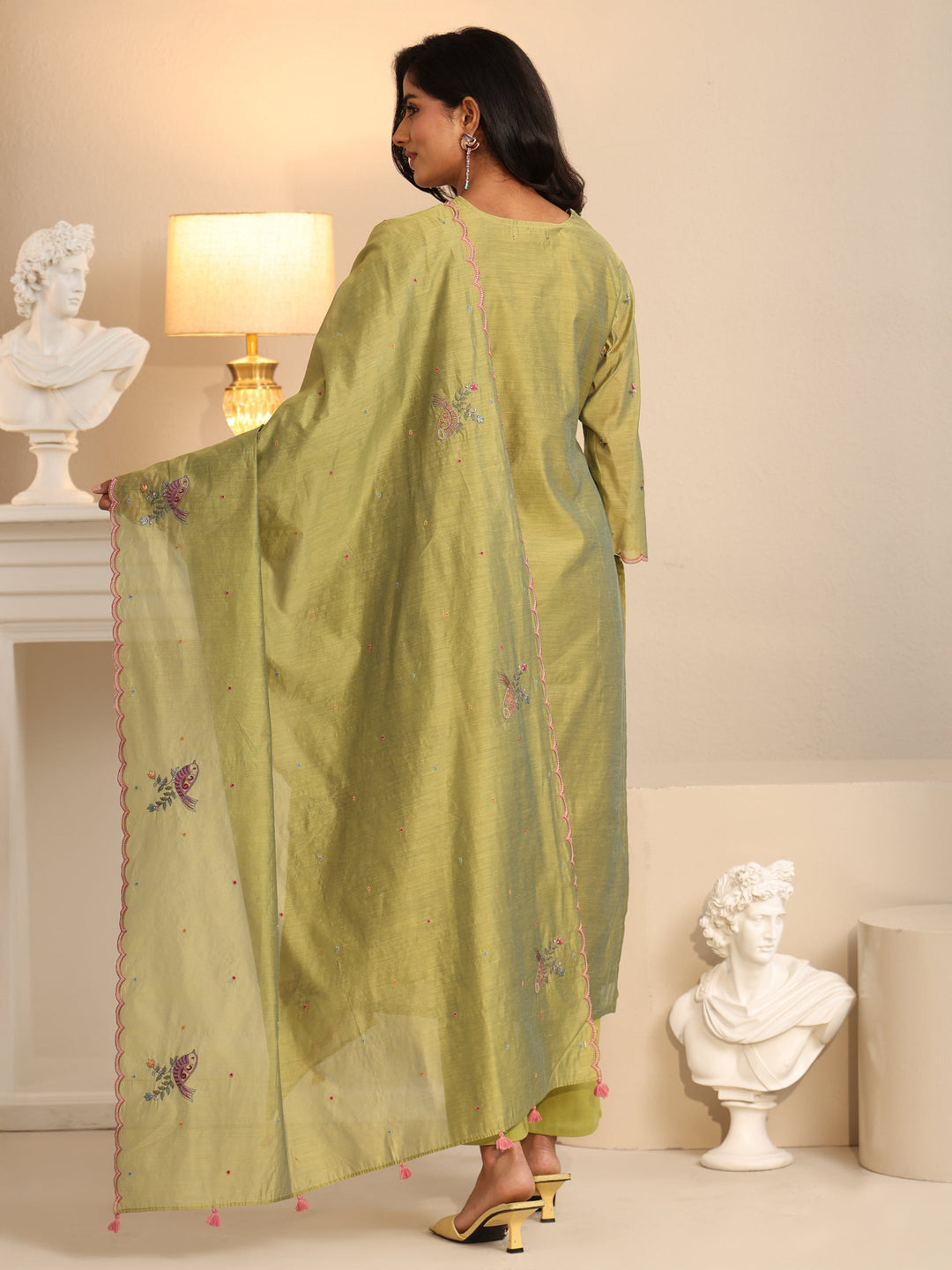  Libas Fern Green Bird Embroidered Chanderi Silk Straight Suit Set 