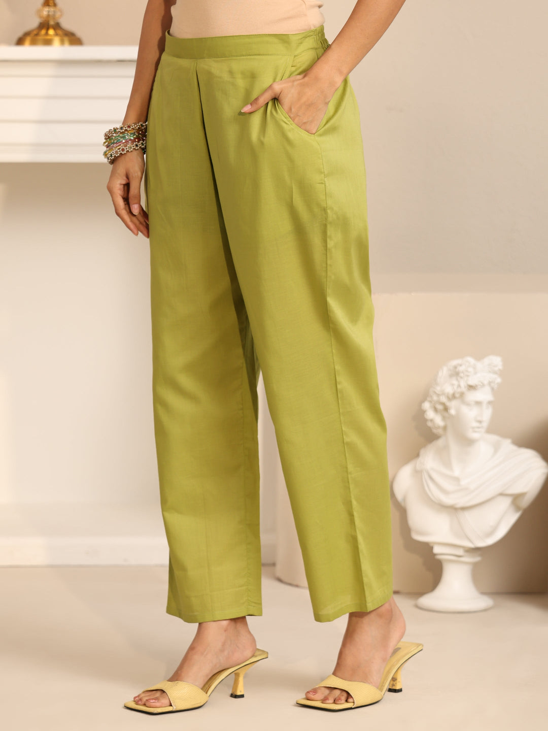  Libas Fern Green Bird Embroidered Chanderi Silk Straight Suit Set 