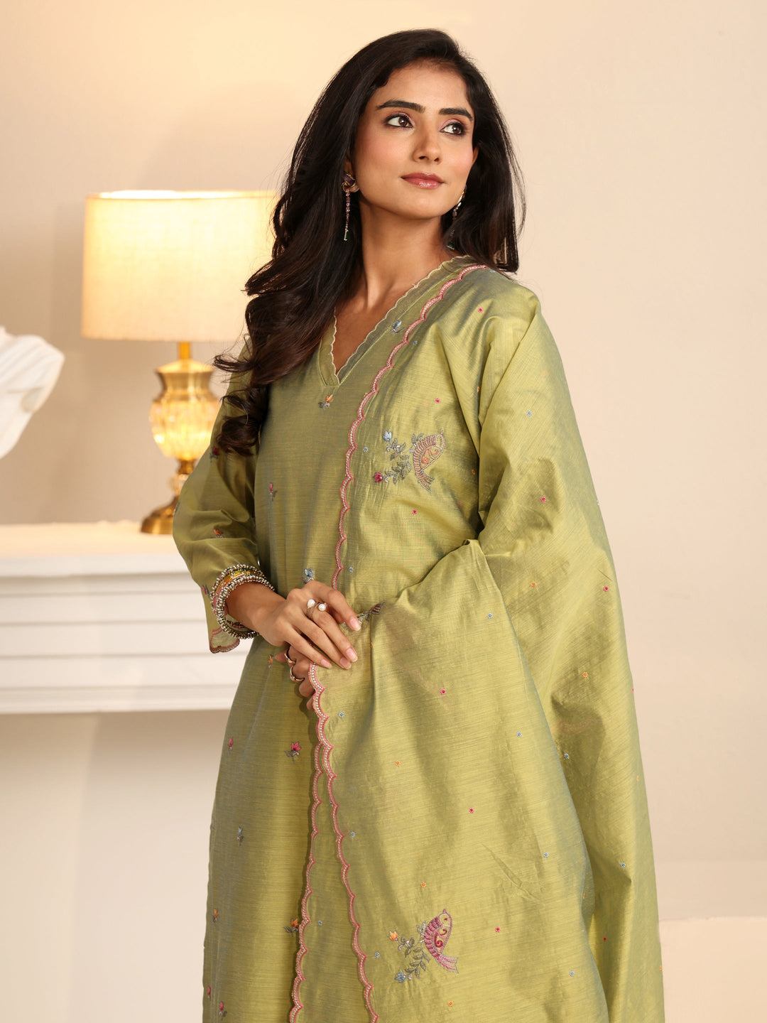  Libas Fern Green Bird Embroidered Chanderi Silk Straight Suit Set 