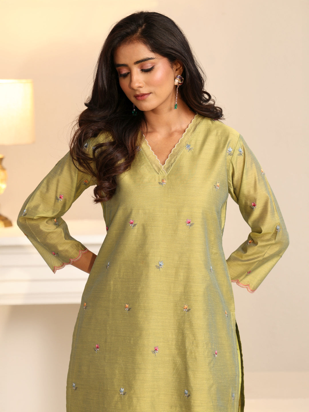  Libas Fern Green Bird Embroidered Chanderi Silk Straight Suit Set 