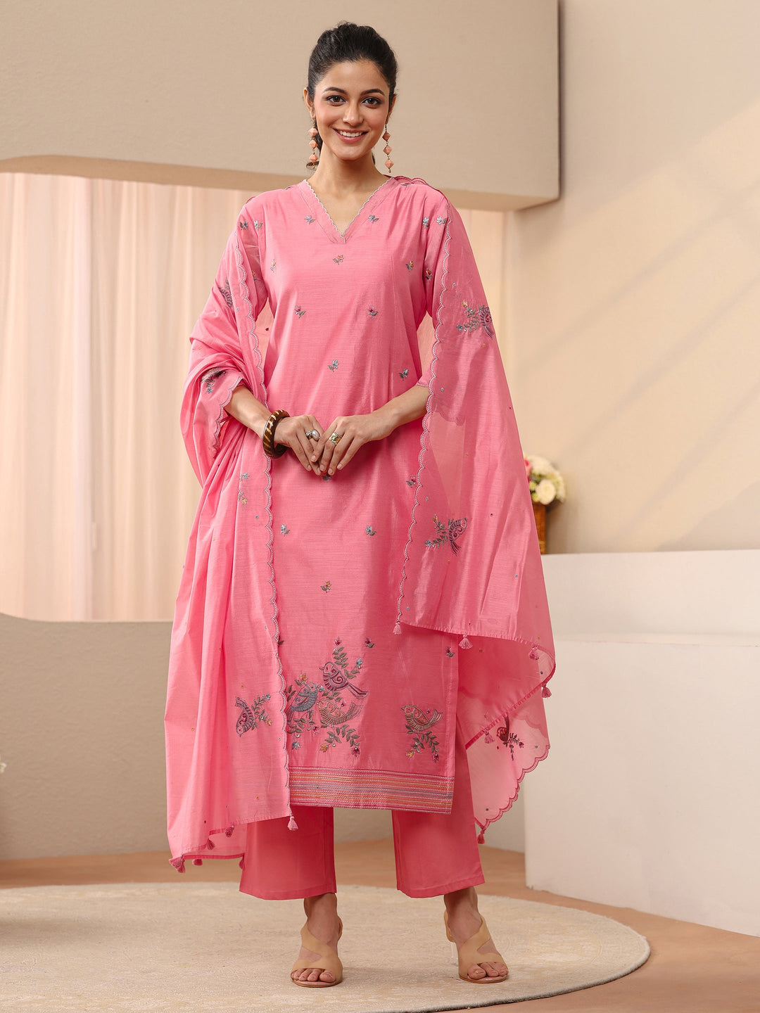  Pink Floral Embroidered Chanderi Silk Straight Suit Set 