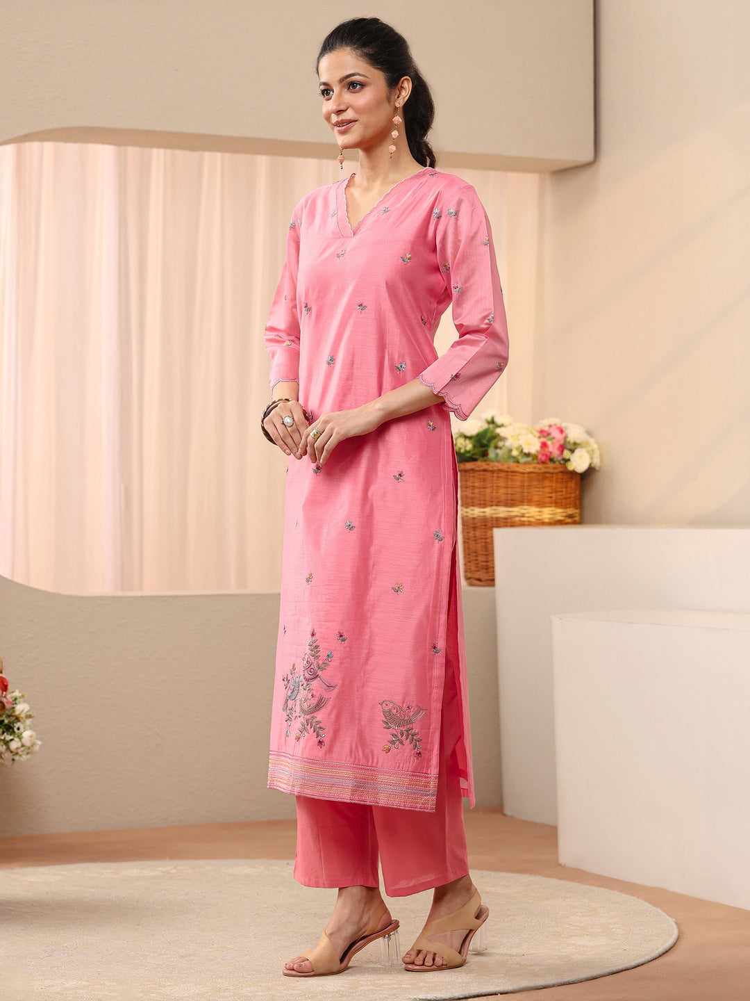  Pink Floral Embroidered Chanderi Silk Straight Suit Set 