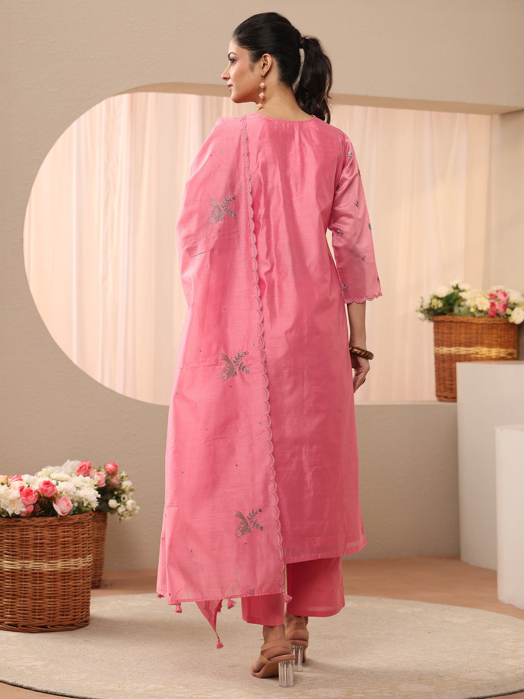  Pink Floral Embroidered Chanderi Silk Straight Suit Set 