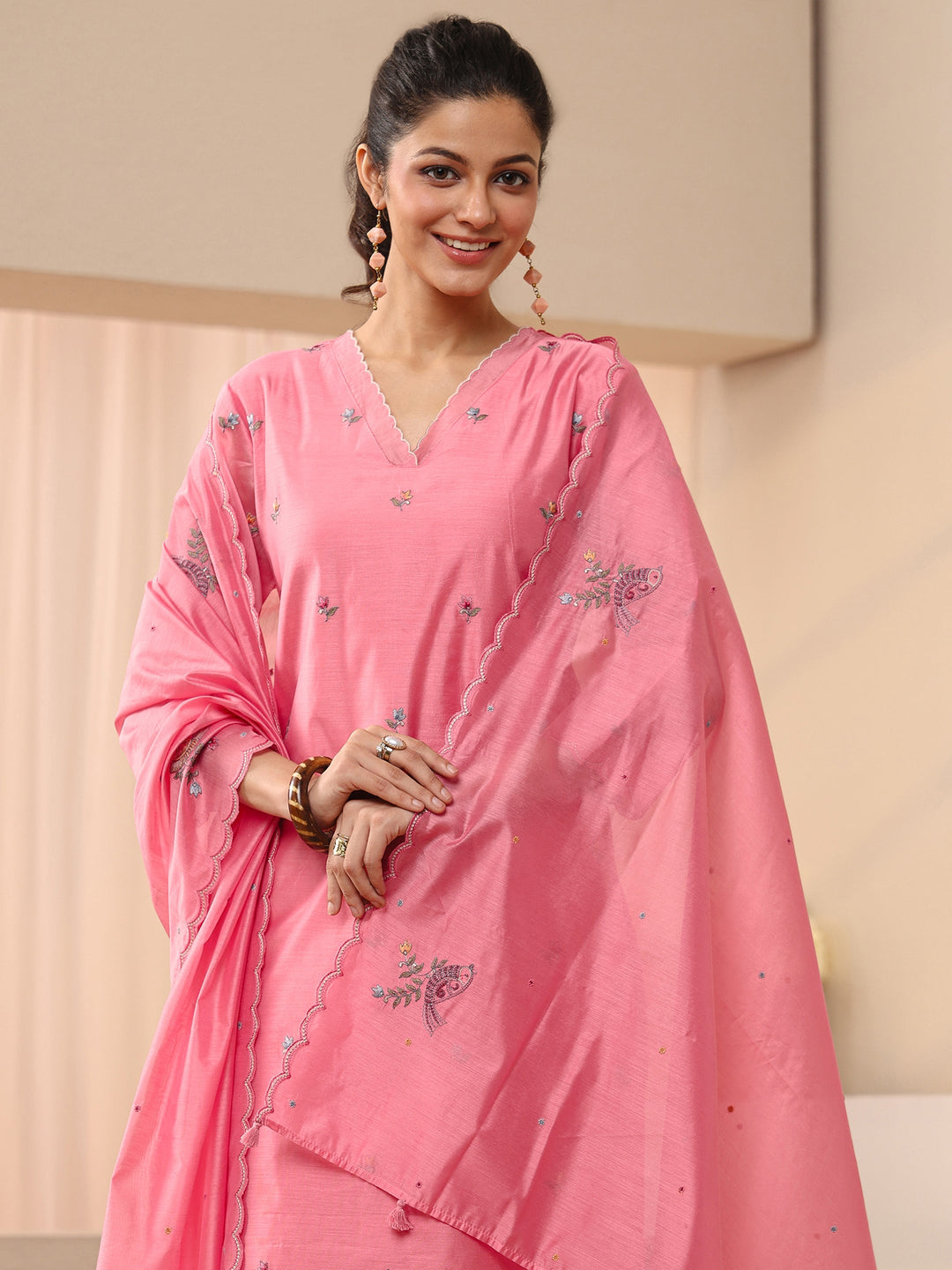  Pink Floral Embroidered Chanderi Silk Straight Suit Set 