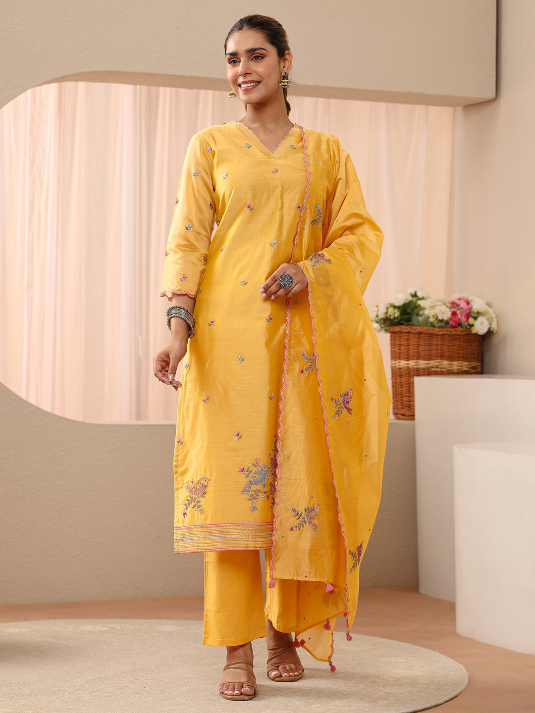  Yellow Floral Embroidered Chanderi Silk Straight Suit Set 