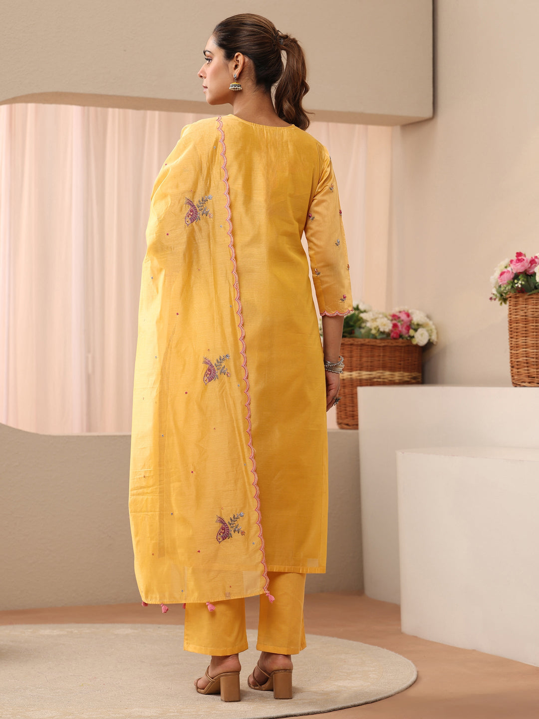  Yellow Floral Embroidered Chanderi Silk Straight Suit Set 