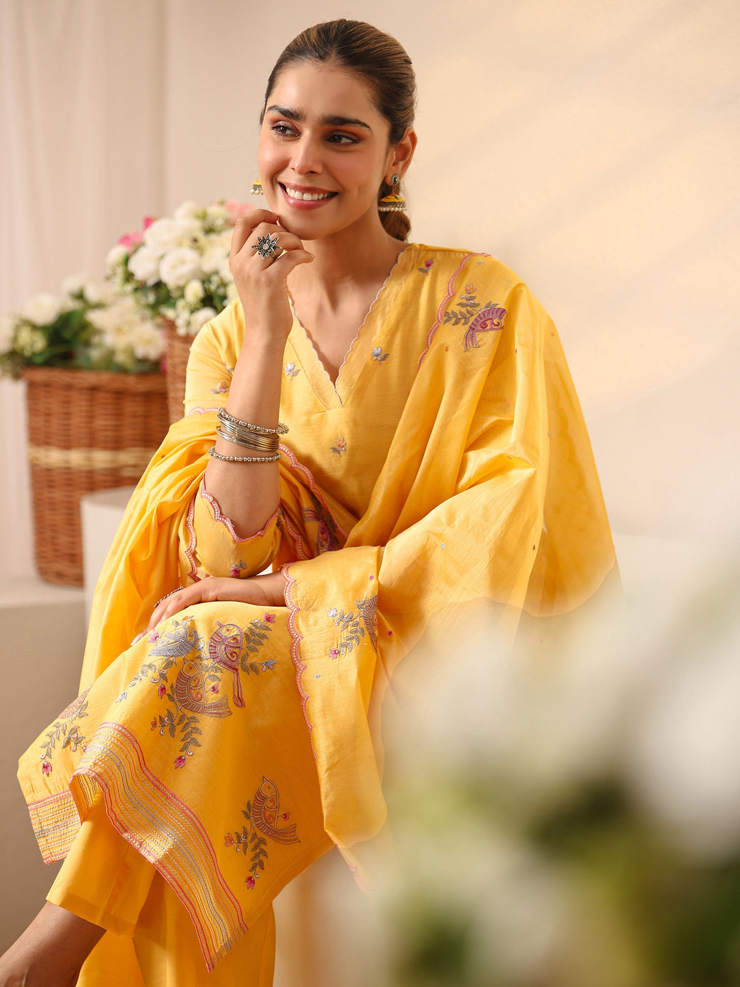  Yellow Floral Embroidered Chanderi Silk Straight Suit Set 