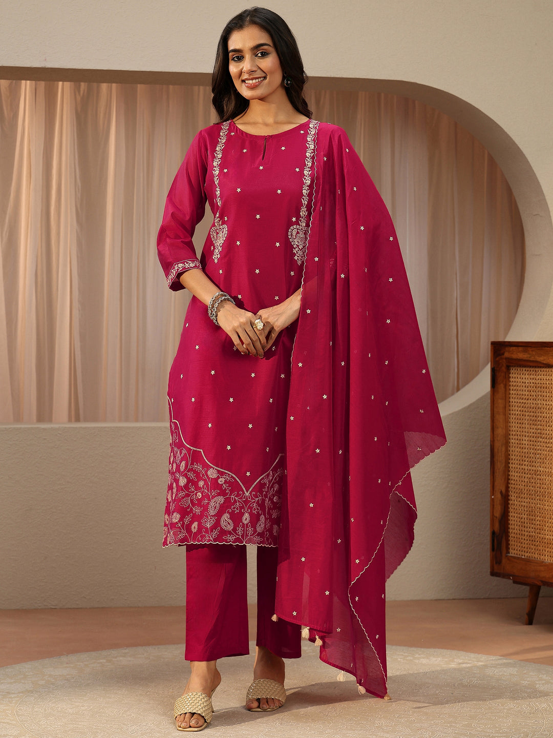  Pink Floral Embroidered Chanderi Silk Straight Suit Set 