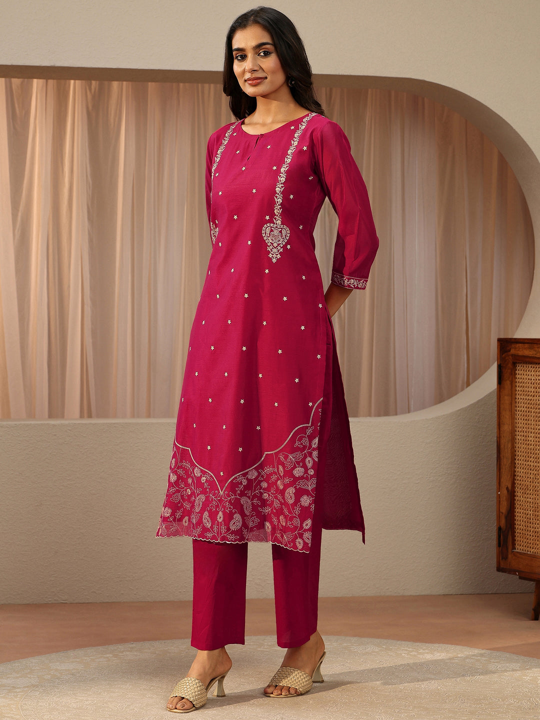  Pink Floral Embroidered Chanderi Silk Straight Suit Set 
