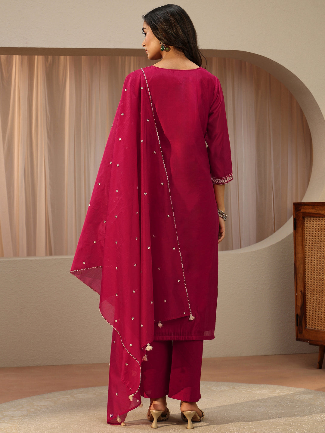  Pink Floral Embroidered Chanderi Silk Straight Suit Set 