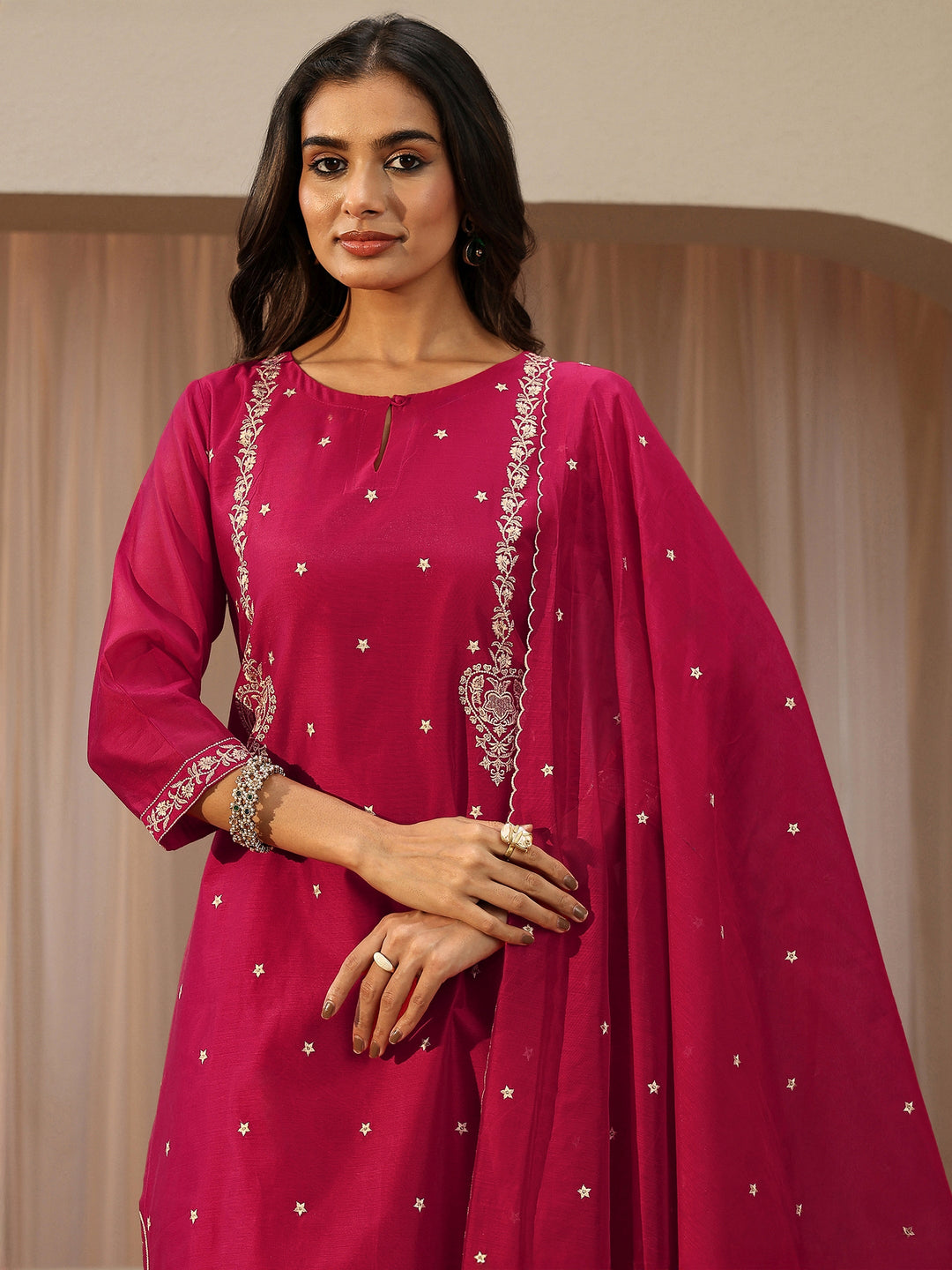  Pink Floral Embroidered Chanderi Silk Straight Suit Set 