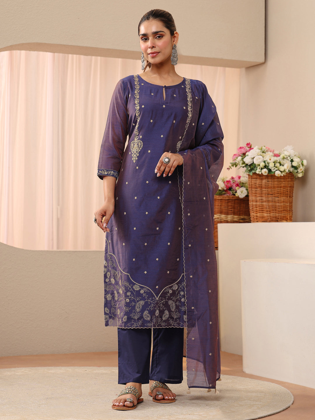  Blue Floral Embroidered Chanderi Silk Straight Suit Set 