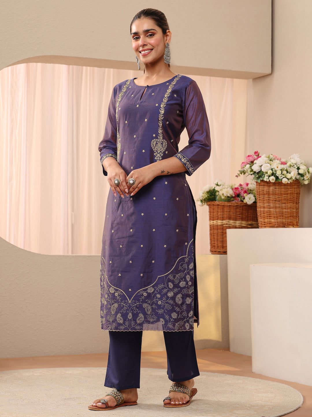  Blue Floral Embroidered Chanderi Silk Straight Suit Set 