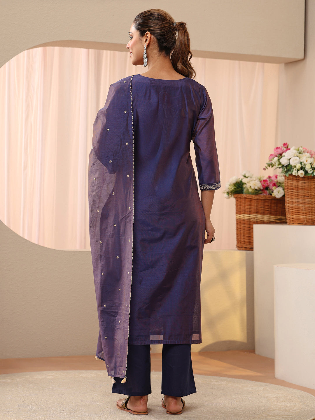  Blue Floral Embroidered Chanderi Silk Straight Suit Set 