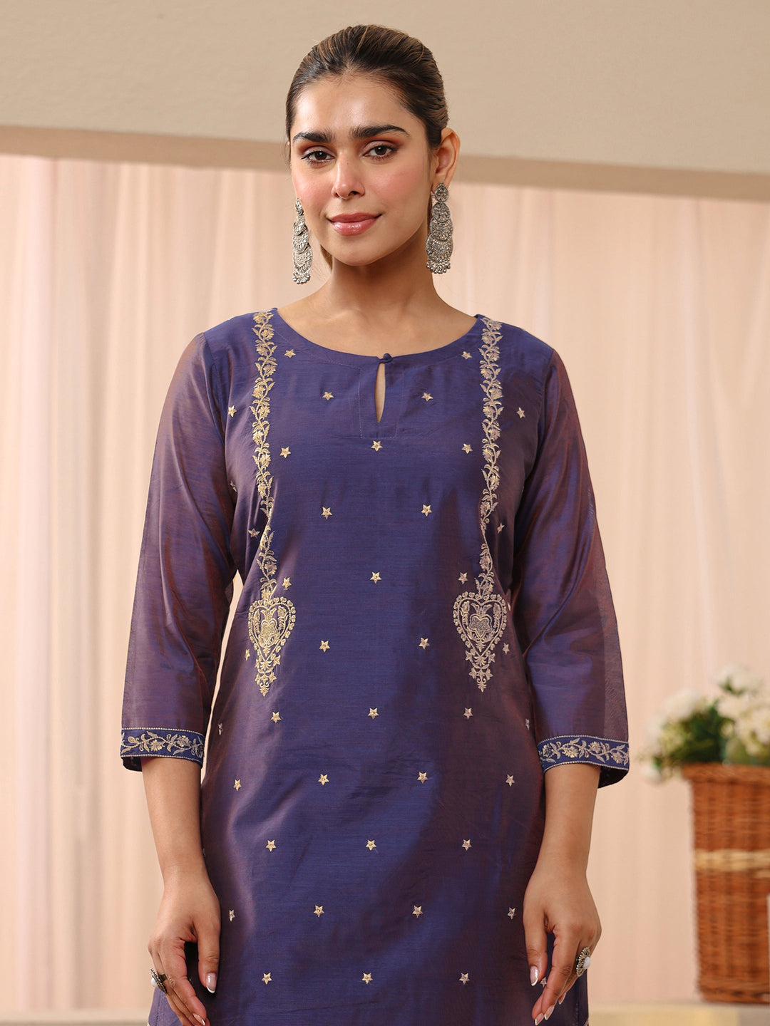  Blue Floral Embroidered Chanderi Silk Straight Suit Set 