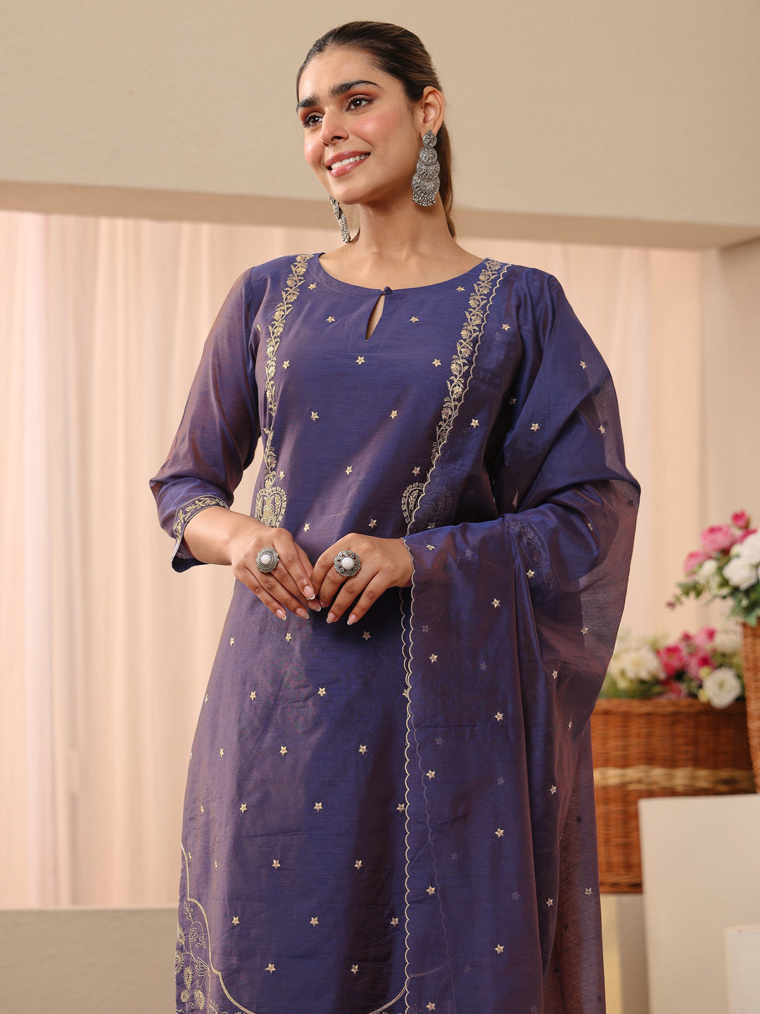  Blue Floral Embroidered Chanderi Silk Straight Suit Set 