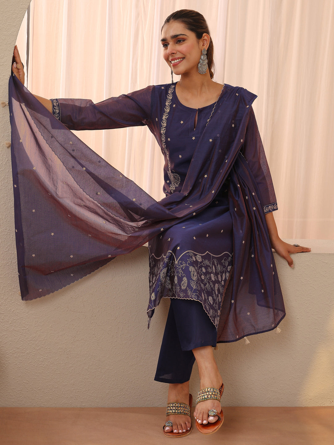 Blue Floral Embroidered Chanderi Silk Straight Suit Set 