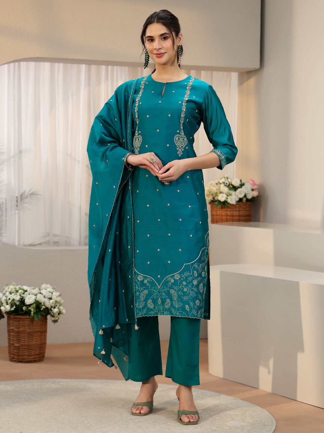  Libas Teal Green Embroidered Chanderi Silk Straight Suit Set 