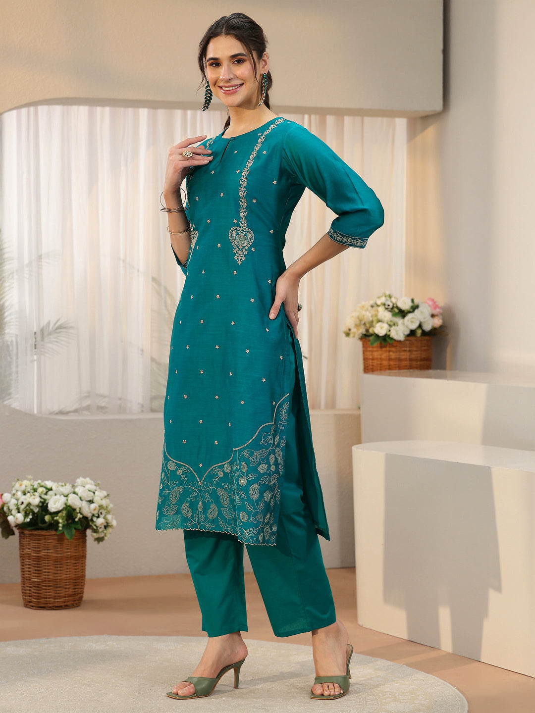  Libas Teal Green Embroidered Chanderi Silk Straight Suit Set 
