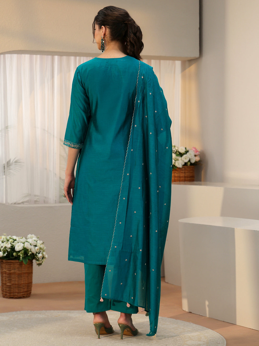  Libas Teal Green Embroidered Chanderi Silk Straight Suit Set 