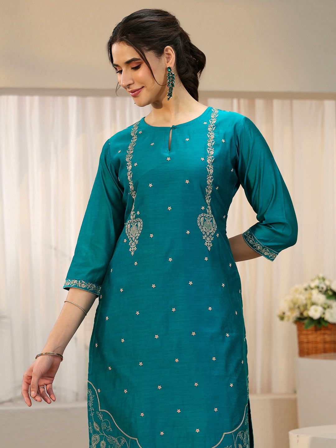  Libas Teal Green Embroidered Chanderi Silk Straight Suit Set 