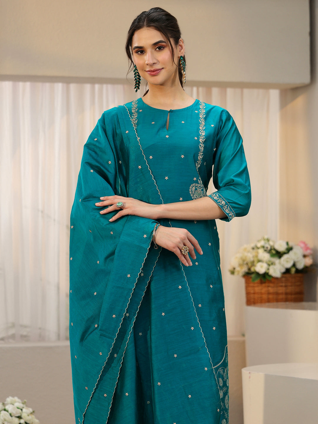  Libas Teal Green Embroidered Chanderi Silk Straight Suit Set 
