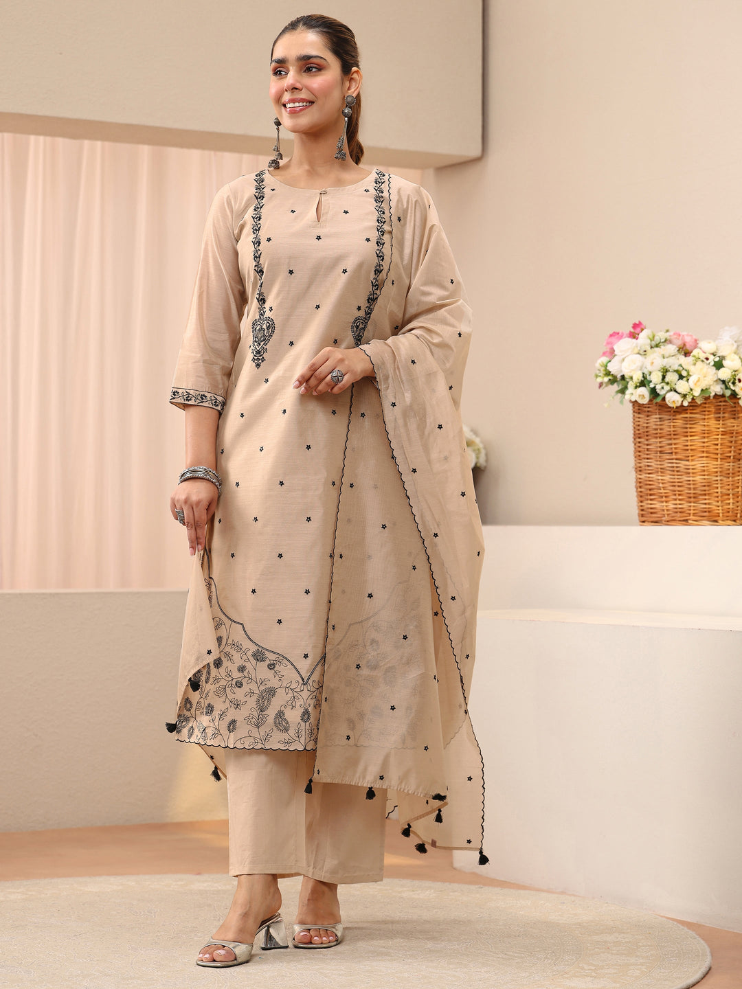  Beige Floral Embroidered Chanderi Silk Straight Suit Set 