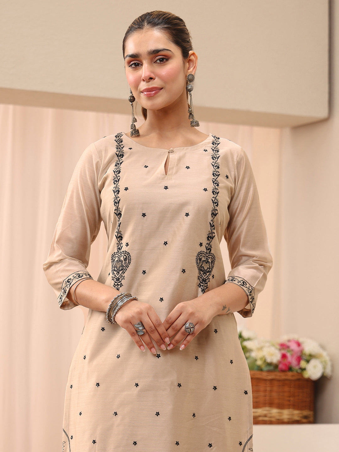  Beige Floral Embroidered Chanderi Silk Straight Suit Set 