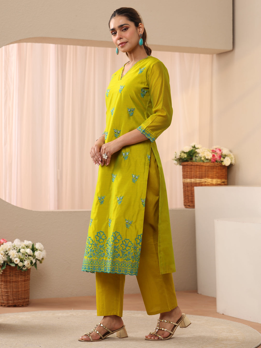  Green Floral Embroidered Chanderi Silk Straight Suit Set 