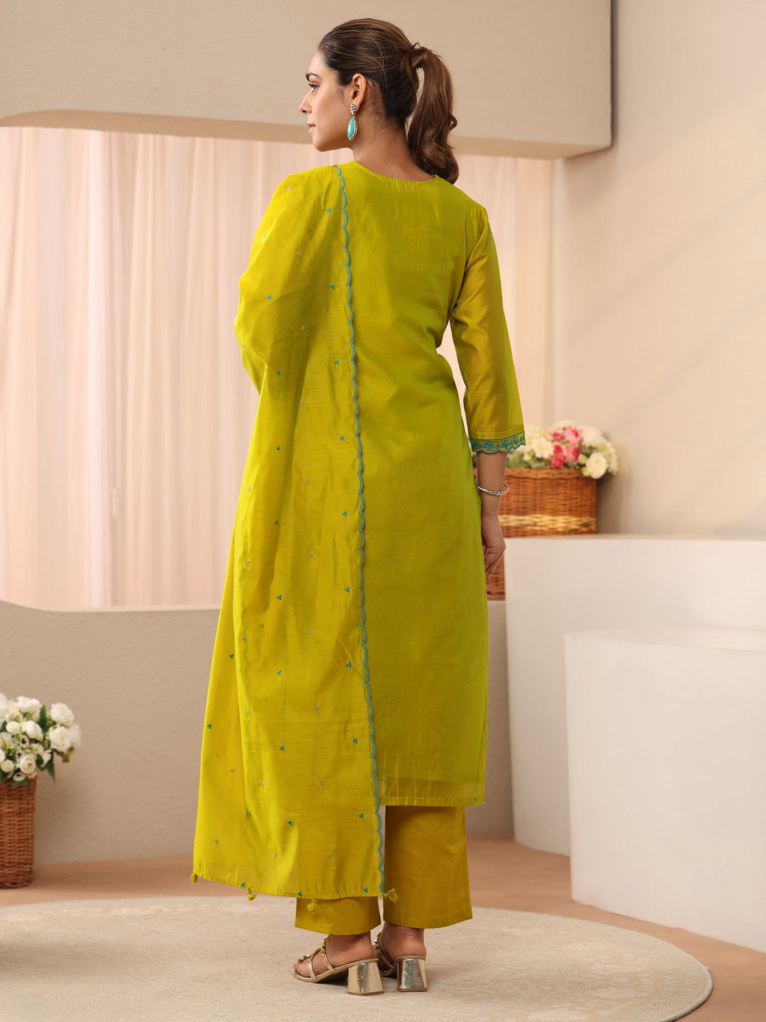  Green Floral Embroidered Chanderi Silk Straight Suit Set 