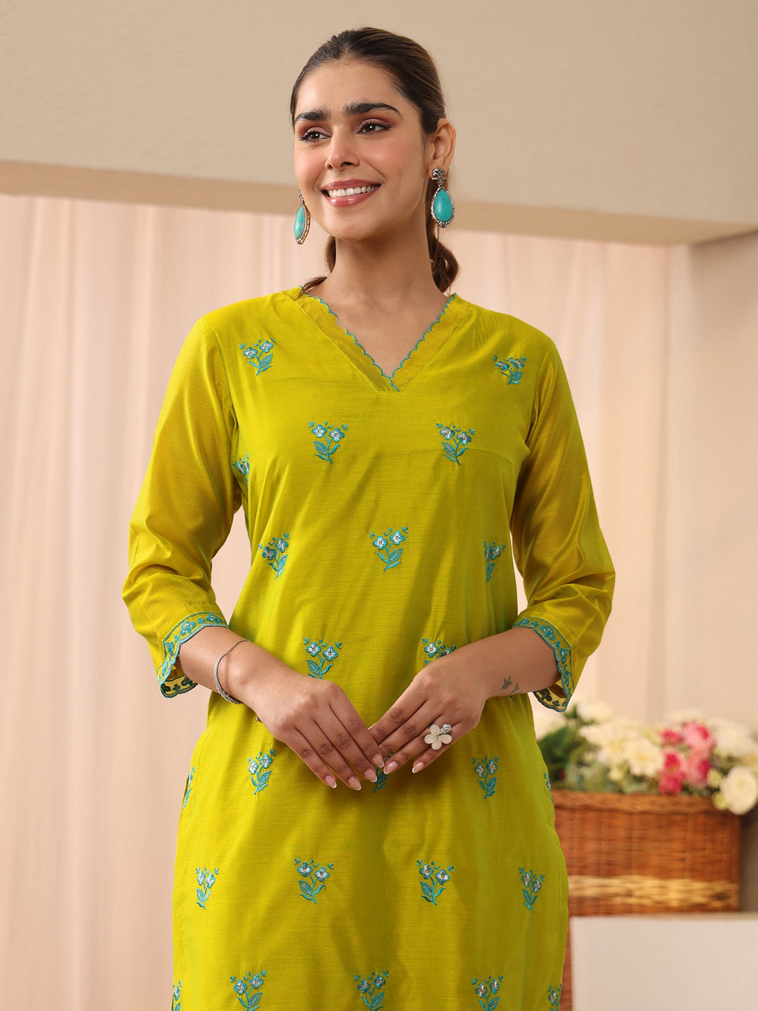  Green Floral Embroidered Chanderi Silk Straight Suit Set 