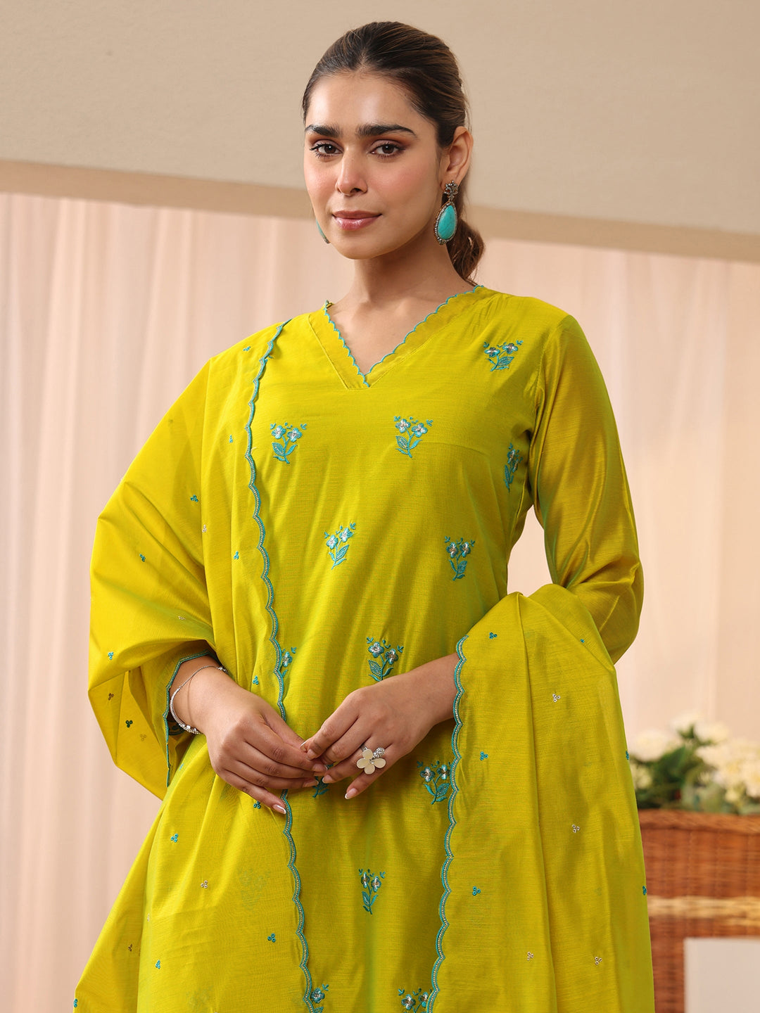  Green Floral Embroidered Chanderi Silk Straight Suit Set 